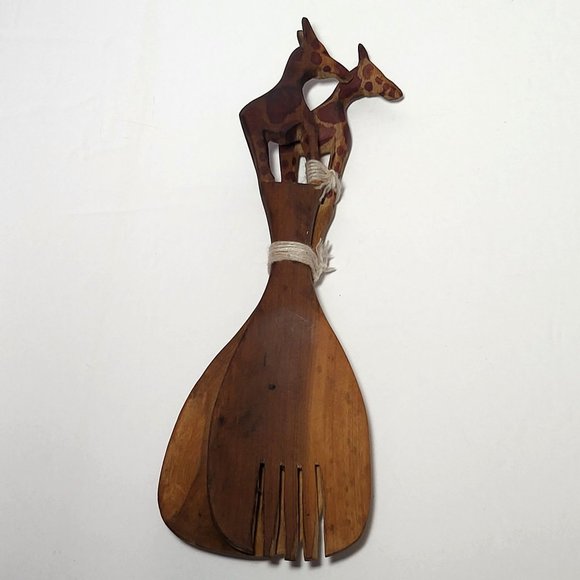 VTG Wooden Giraffe Wooden Salad Serving Set Fork and Spoon Hand Carved - Picture 4 of 12